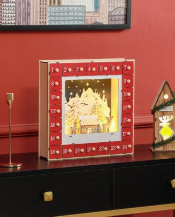 Led-julekalender Med Landsbyscene  24 Store Skuffer  Mdf  34       34 Cm  Rød