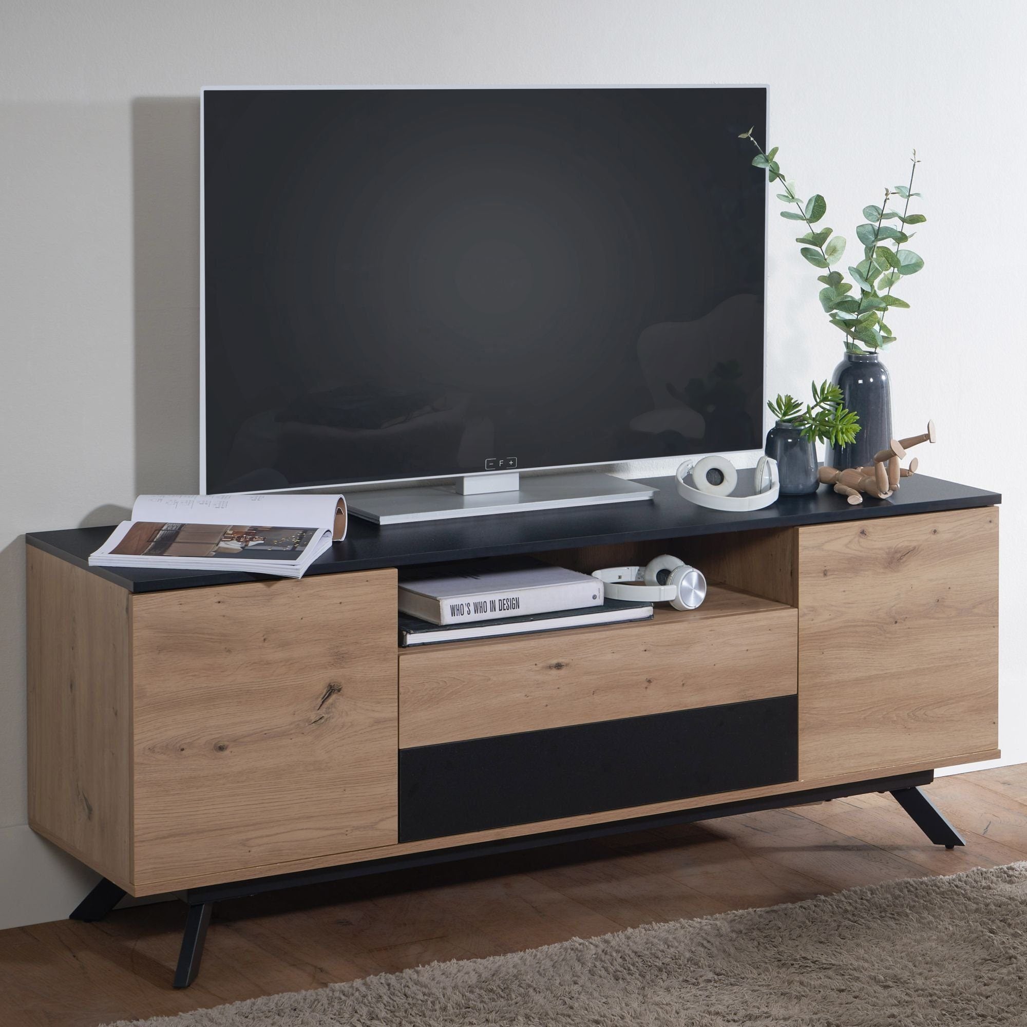 Mdf Tv-kommode Med To Låger  Naturfarvet Eg Og Sort  Japandi-look  150x60x40 Cm