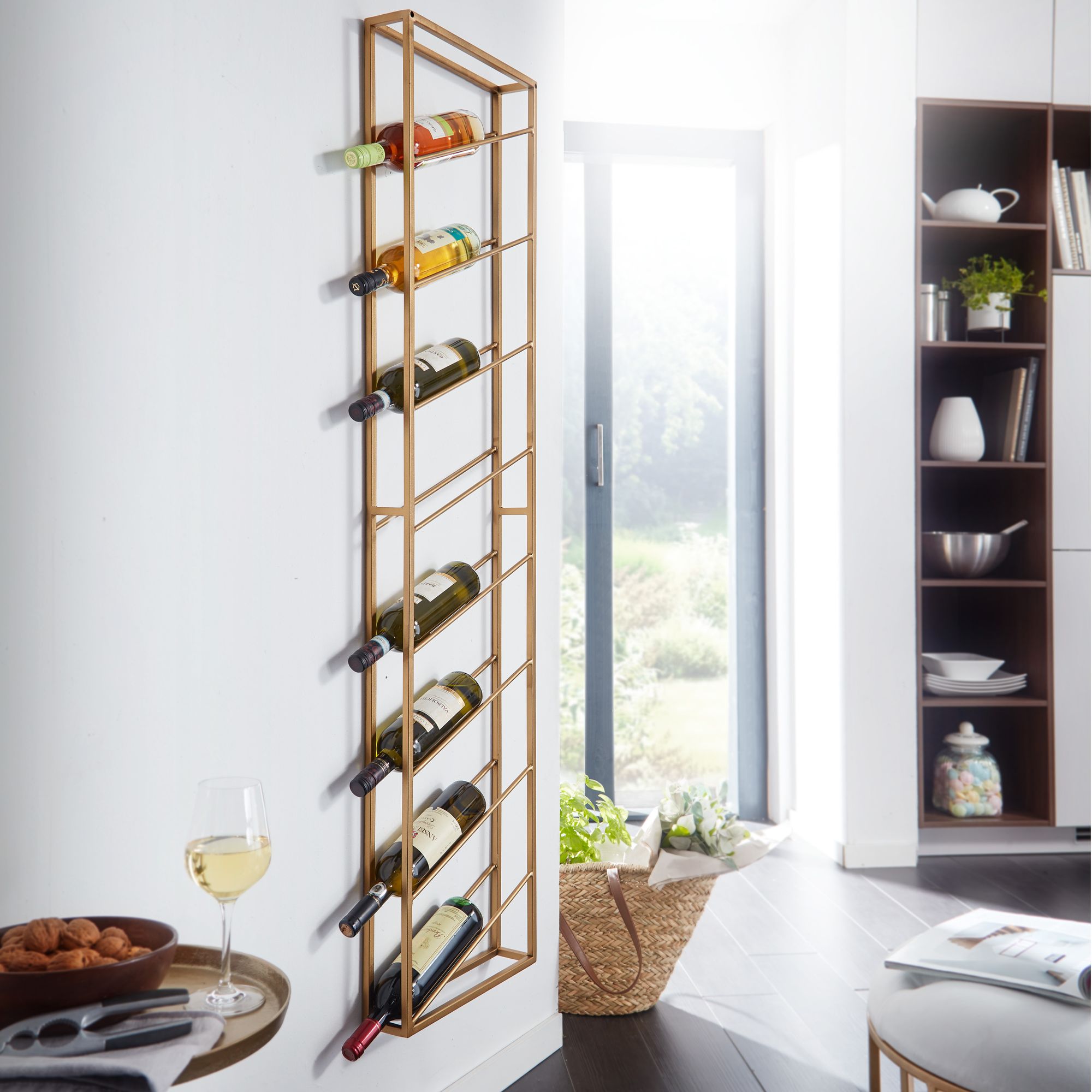 Metal Vægmonteret Vinreol  Guld  36x150x8 Cm  Stor  Til   Flasker  Designer Væghylde Til Køkkenet  Hængende Flaskereol  Smal  Vægmonteret