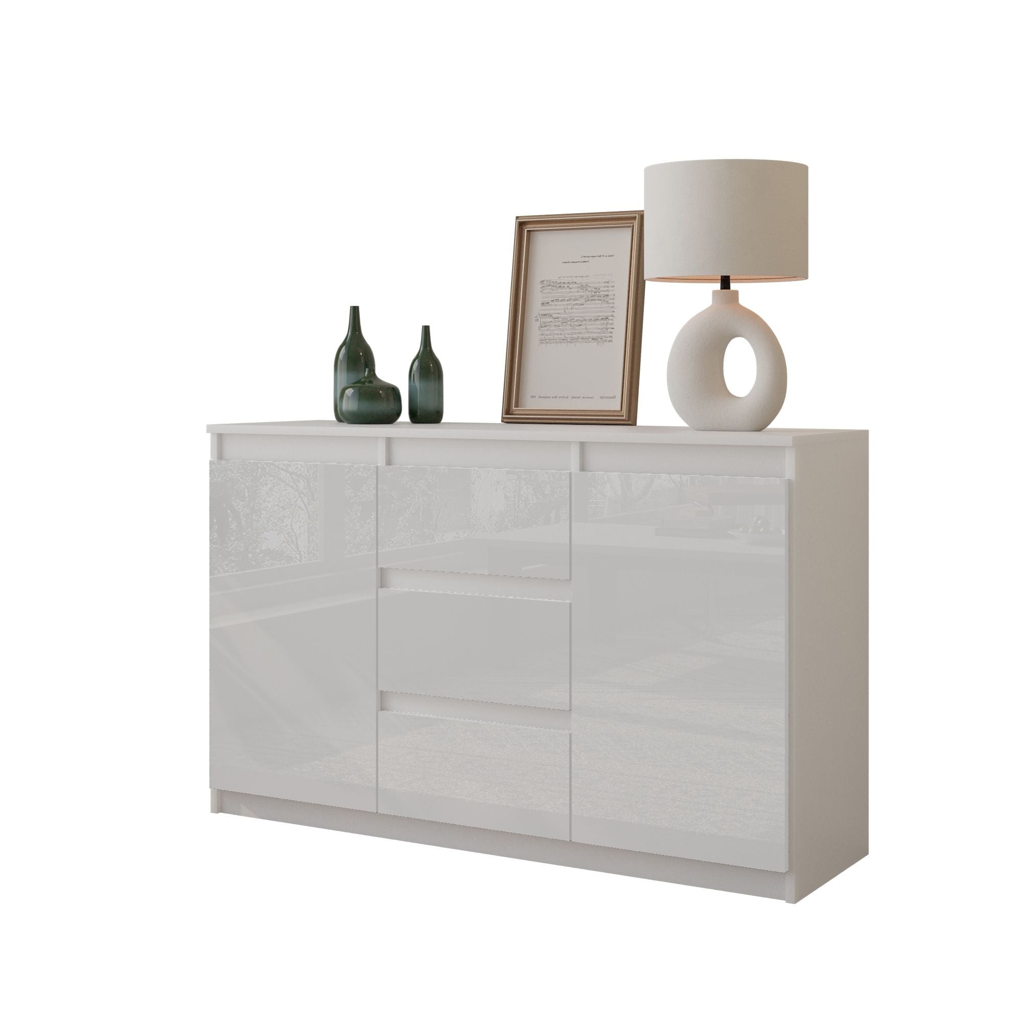 Mikel Kommode Med   Skuffer Mat Hvid   Højglans Hvid H75cm B120cm D35cm