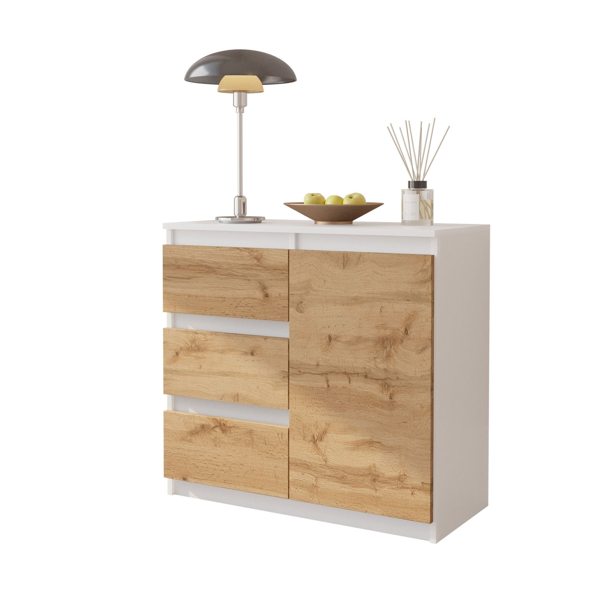Mikel Kommode Med   Skuffer -  Mat Hvid   Naturfarvet H75cm B80cm D35cm