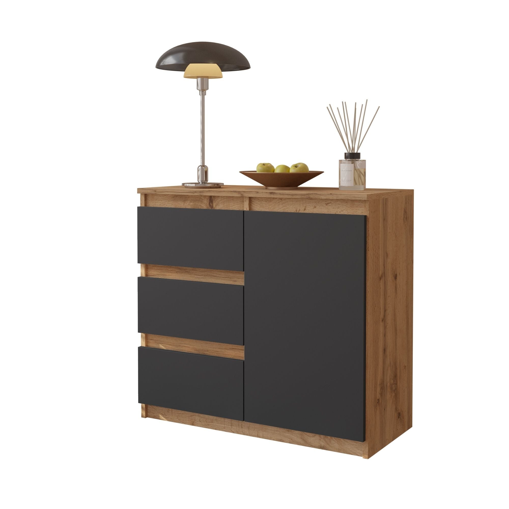 Mikel Kommode Med   Skuffer Naturfarvet   Antracit-gråâ H75cm B80cm D35cm