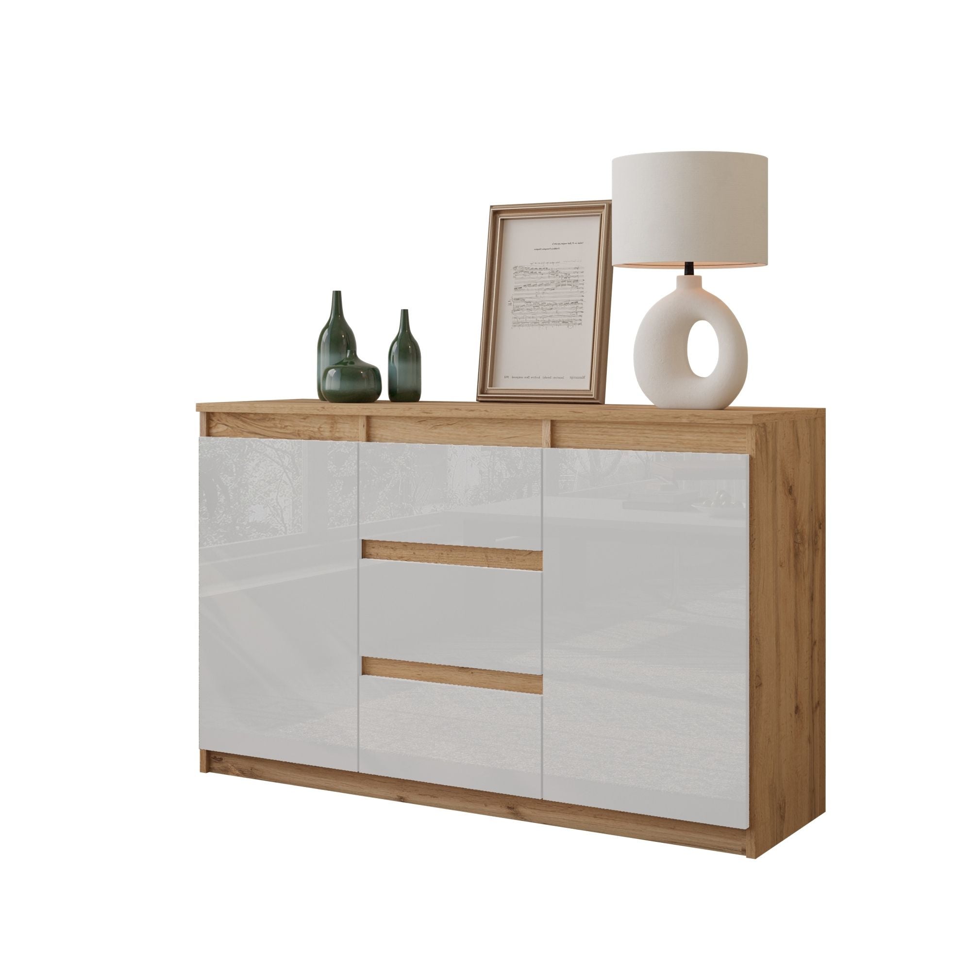 Mikel Kommode Med   Skuffer Naturfarvet   Højglans Hvid H75cm B120cm D35cm