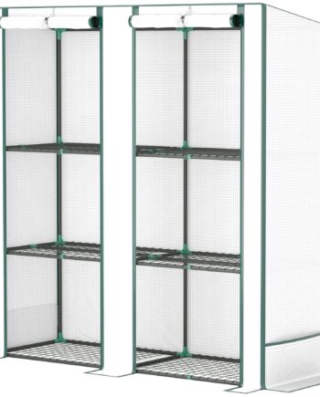 Mini Drivhus Med  -lags Hylde  Plastikdæksel  Uv-bestandig  Bærbar Rulleport  144   48   152 Cm  Hvid