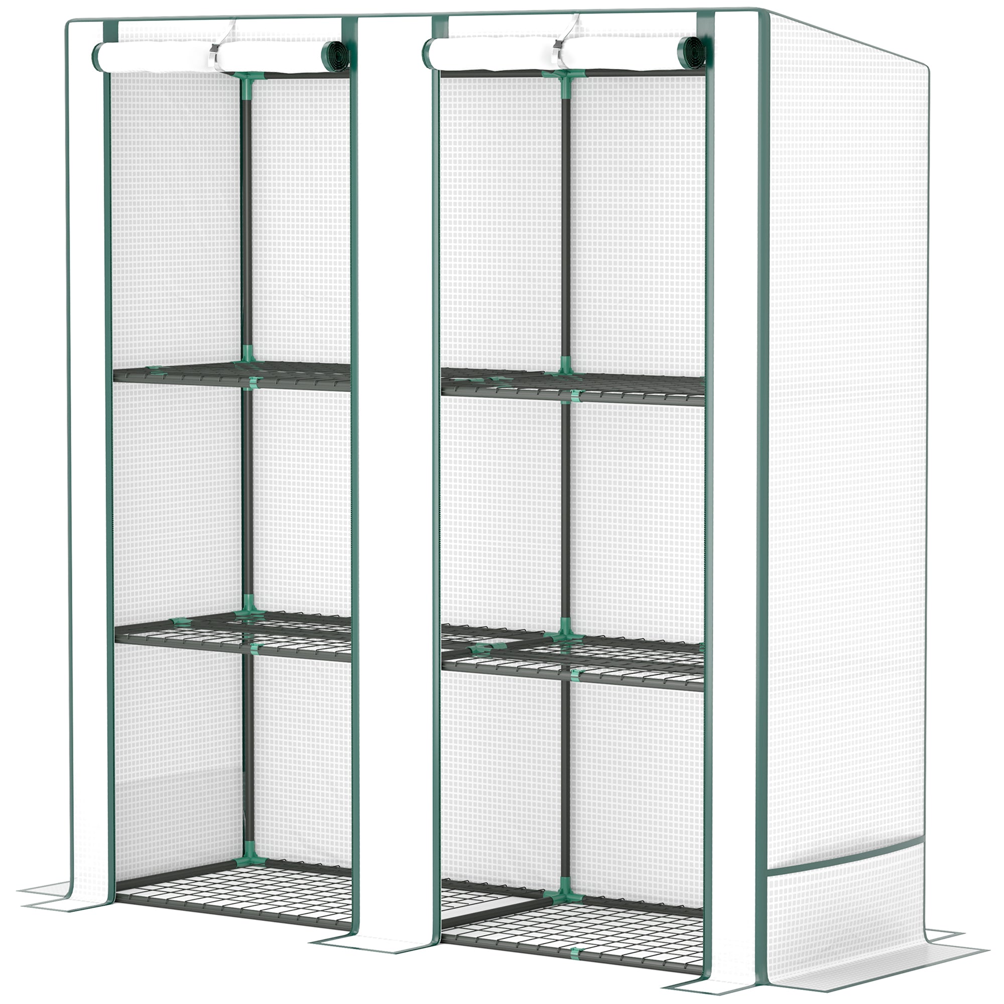 Mini Drivhus Med  -lags Hylde  Plastikdæksel  Uv-bestandig  Bærbar Rulleport  144   48   152 Cm  Hvid