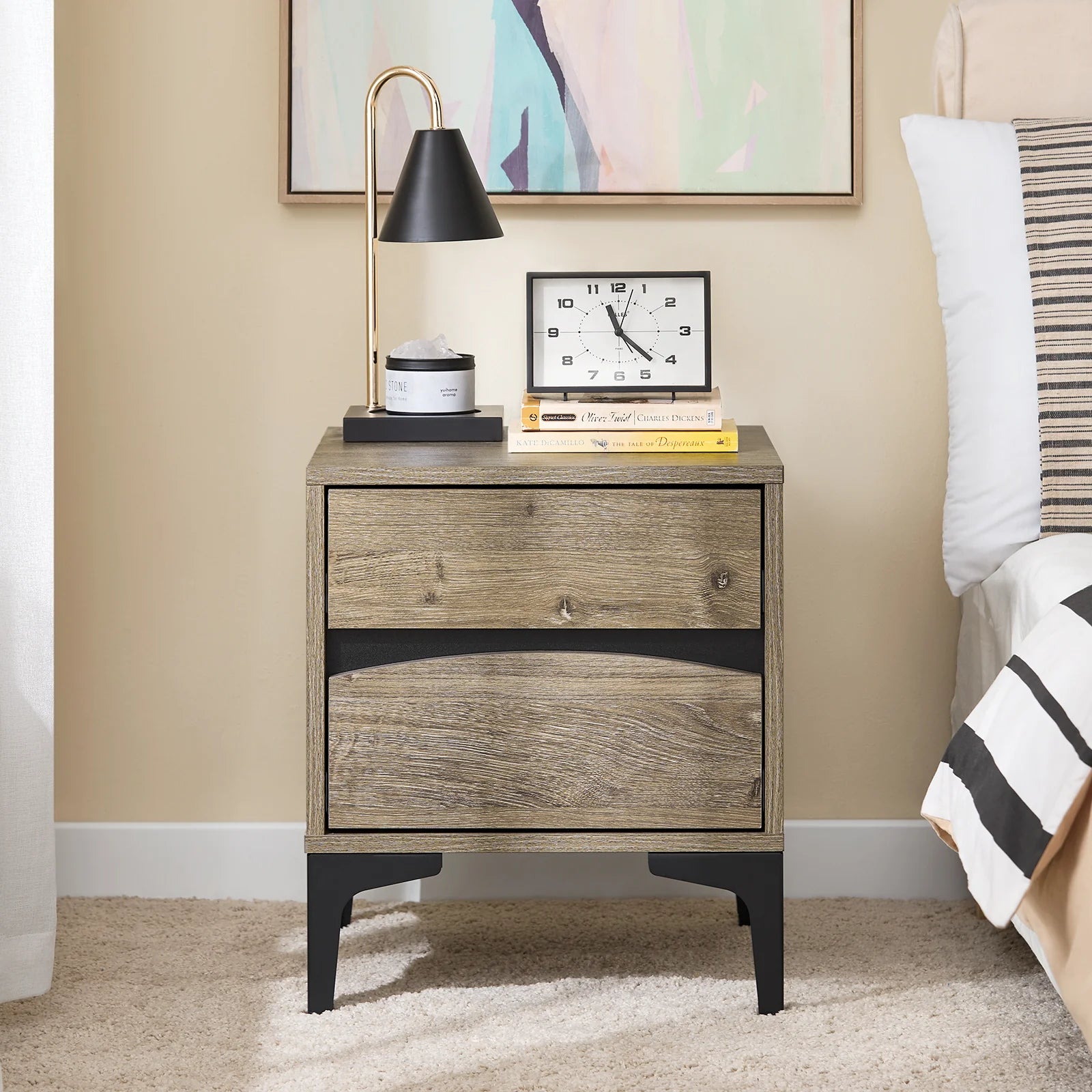 Moderne Natbord: Træ-look Med Elegant Buet Front Og Robuste Metalben  Natur  L40   B40   H47 Cm