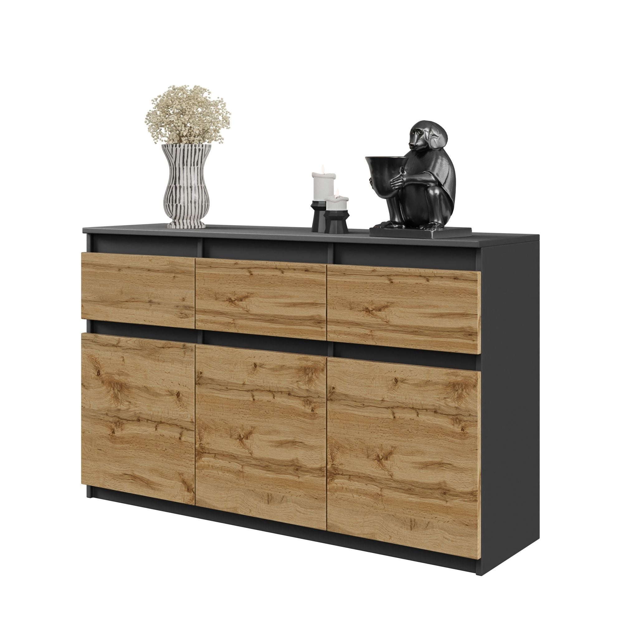 Noah Kommode Med   Skuffer Antracit-grå   Naturfarvet H75cm B120cm D35cm