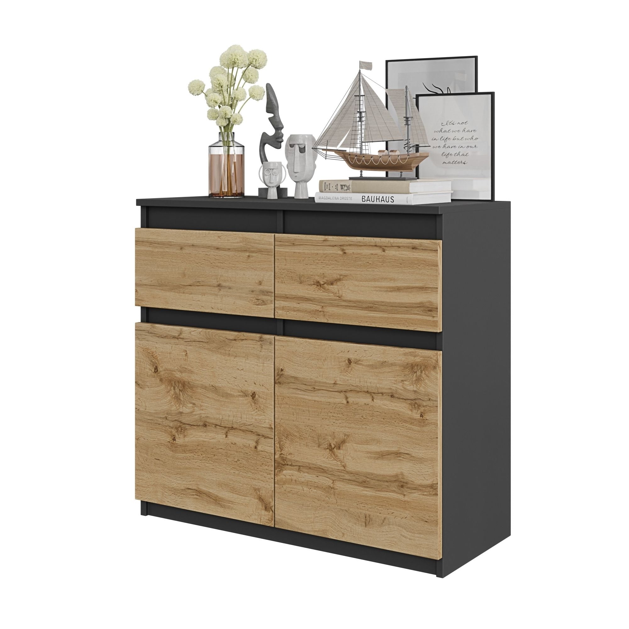 Noah Kommode Med   Skuffer Antracit-grå   Naturfarvet H75cm B80cm D35cm