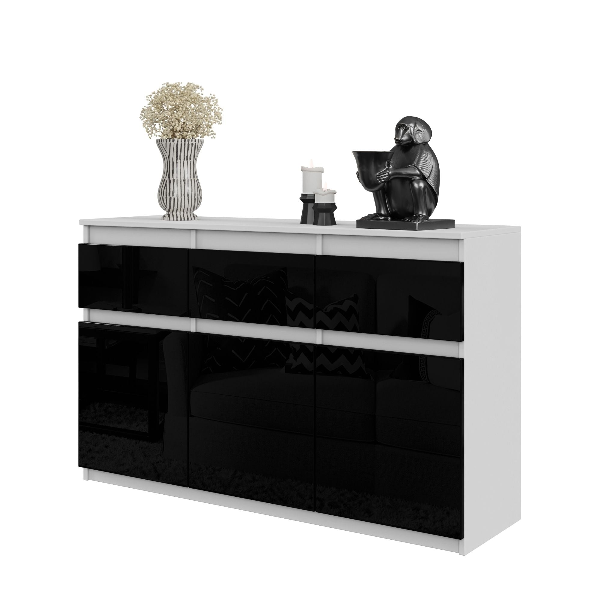 Noah Kommode Med   Skuffer Mat Hvid   Højglans Sort  H75xb120xd35 Cm