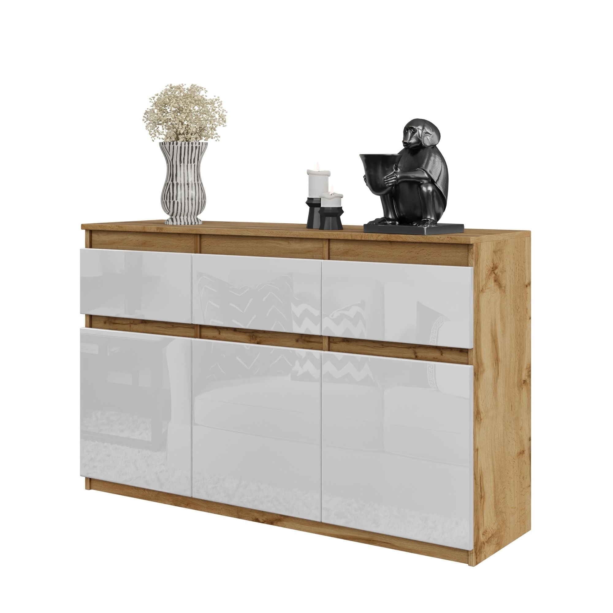 Noah Kommode Med   Skuffer Naturfarvet   Højglans Hvidâ H75cm B120cm D35cm