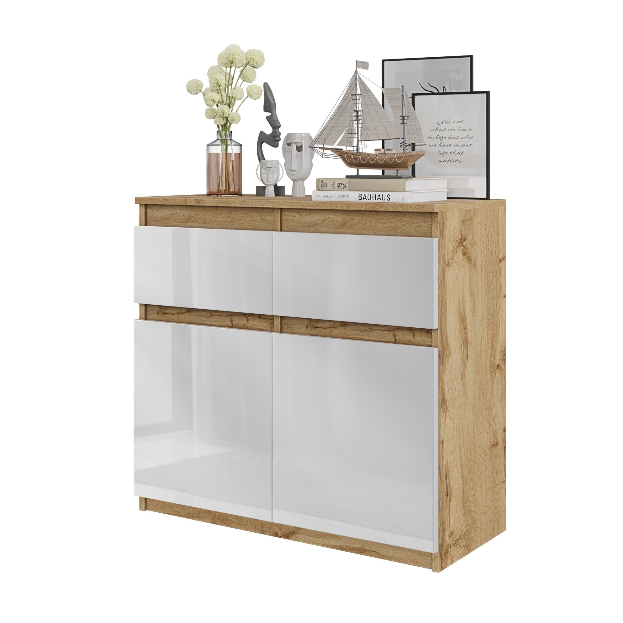 Noah Kommode Med   Skuffer Naturfarvet   Højglans Hvid H75cm B80cm D35cm