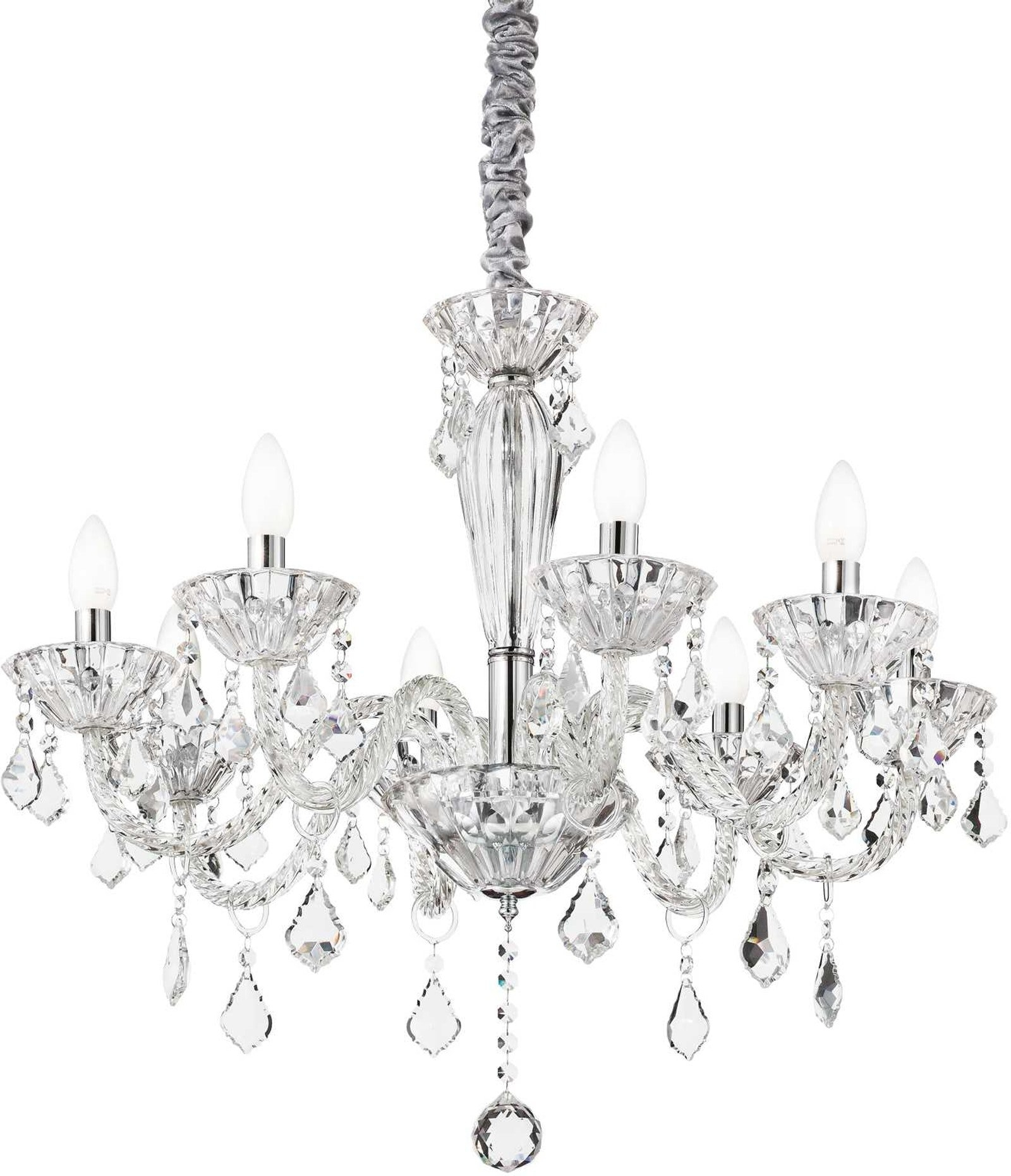 Pendel Lampe Ideal Lux Tiepolo ø70 Cm Justerbar 80-140 Cm Håndblæst Glas Krystalvedhæng Kromdetaljer