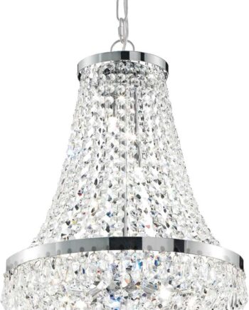 Pendellampe Ideal Lux Caesar ø380 Mm Krom Med Krystaldetaljer Justerbar Højde 800-1700 Mm