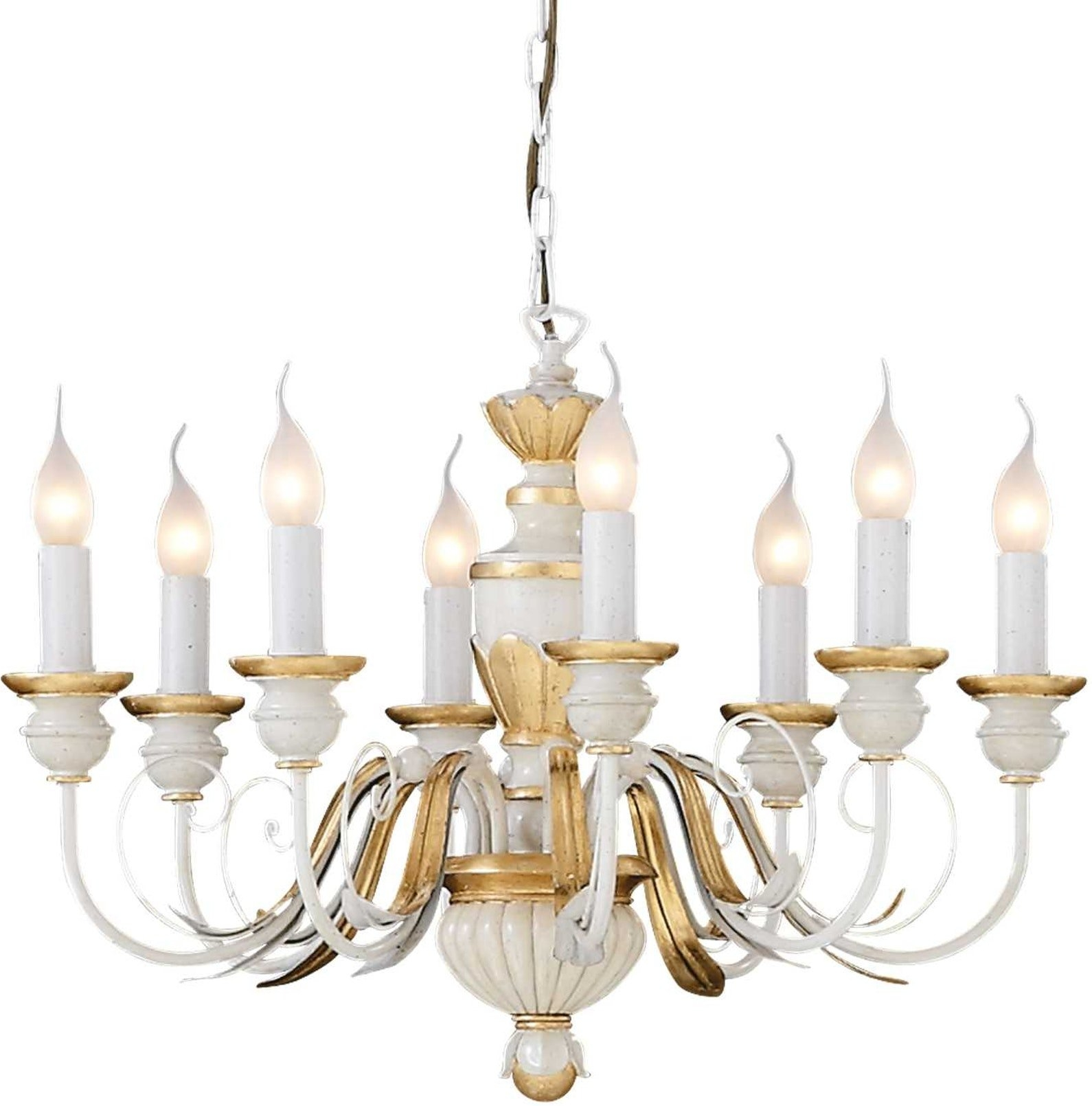 Pendellampe Ideal Lux Firenze Loftlampe Hvid Med Bladguld ø64xh45-105 Cm 8xe14
