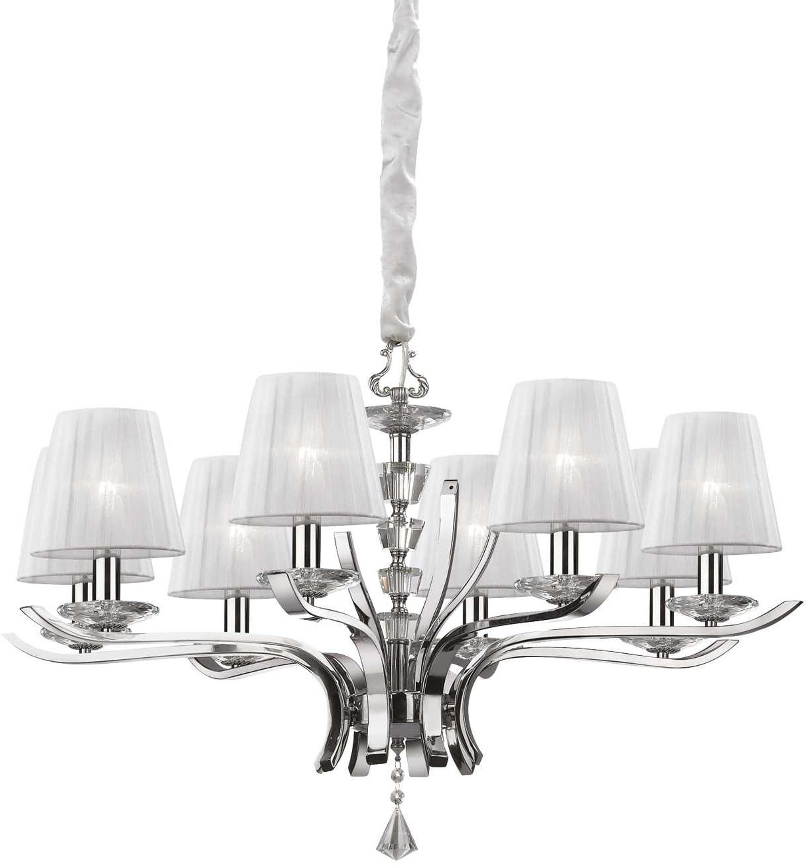 Pendellampe Ideal Lux Pegaso ø76 Cm Justerbar Hvid Krom Loftlampe Med Organza-skærme Og Krystaldetaljer