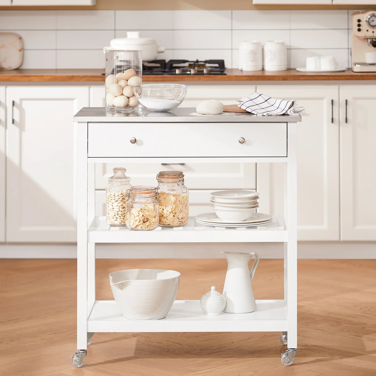 Pladsbesparende Køkkenrullebord   Hvid Med Stålbordplade  81   45   90 Cm