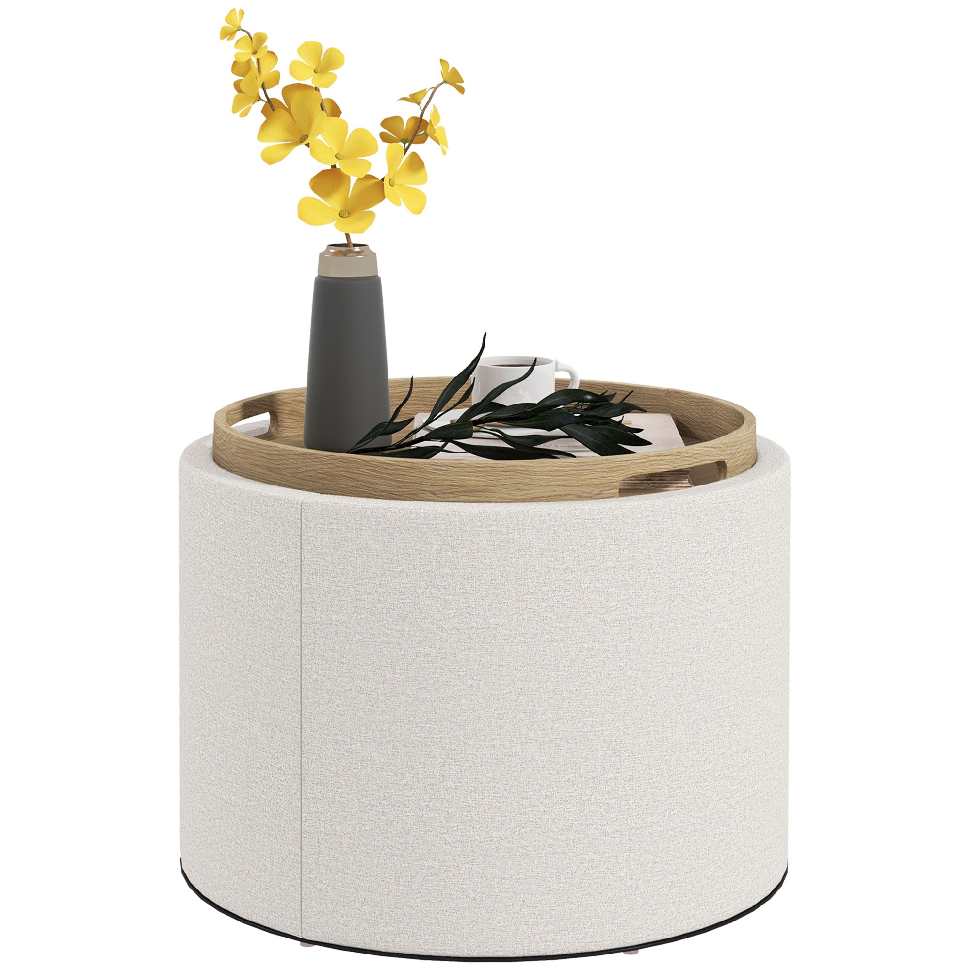 Polstret Skammel  Hør  Skjult Opbevaring  Vendbart Låg  56 Cm   56 Cm   42 Cm  Creme   Natur