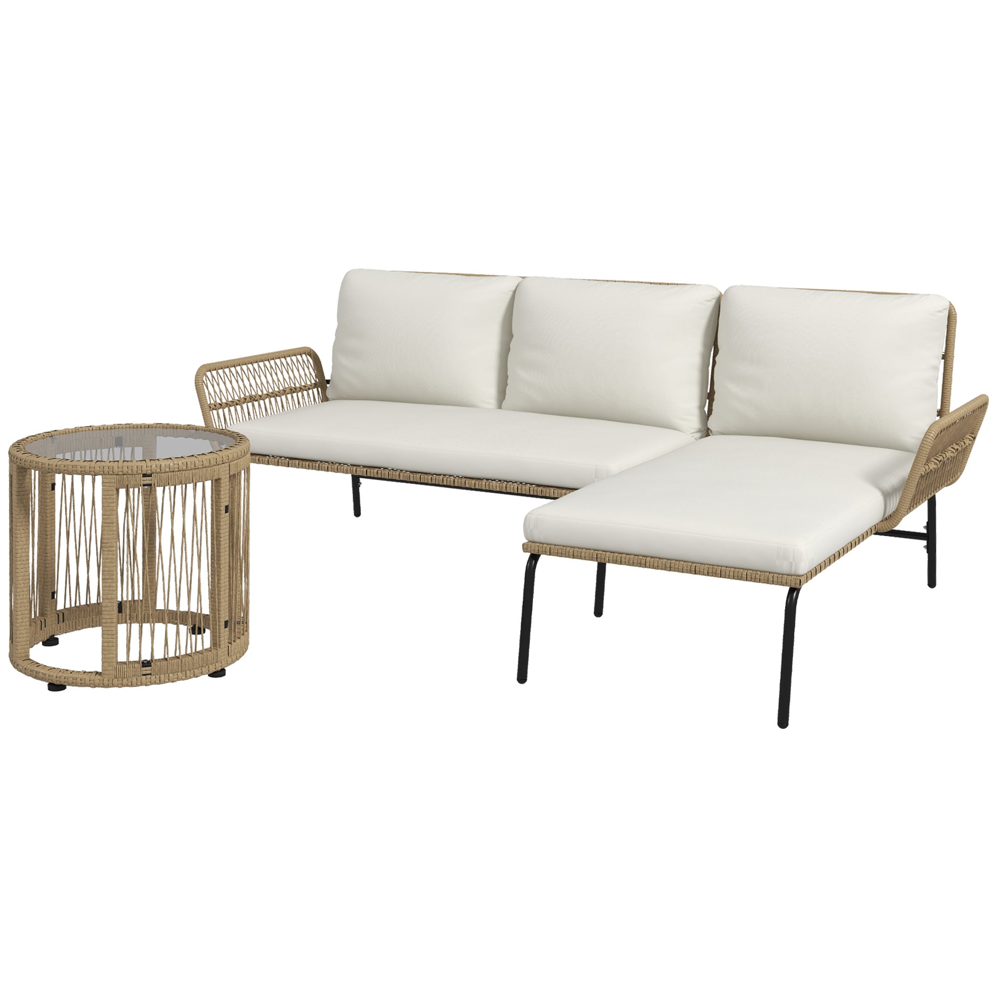 Polyrattan Havemøbelsæt    Dele  Med Liggestol  To-personers Sofa  Aftageligt Sofabord  Hynder   Naturhvid Og Cremehvid