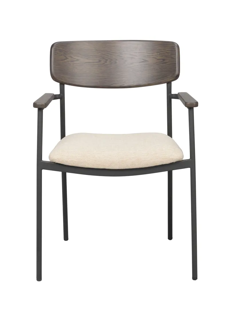 Rowico Maymont Spisebordsstol     Armlæn  Stabelbar Lys Beige Stof  Brun Eg Og Sort Metal
