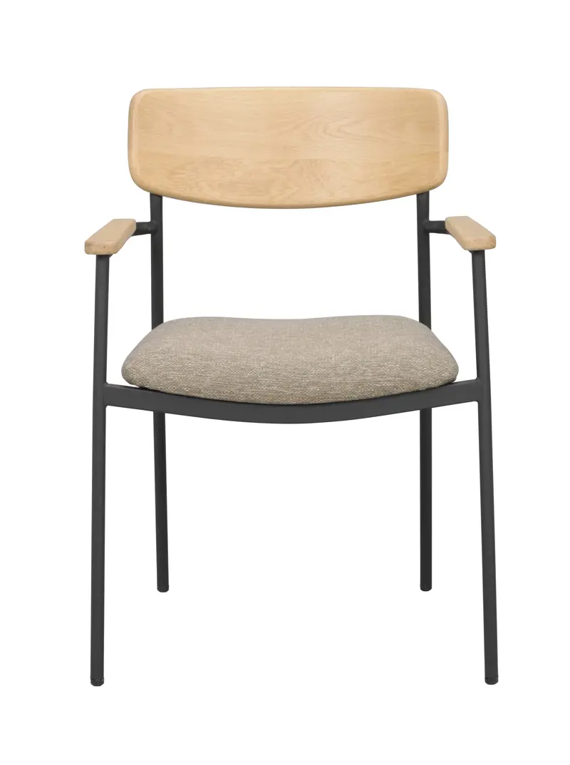 Rowico Maymont Spisebordsstol     Armlæn  Stabelbar Mørk Beige Stof  Natur Eg Og Sort Metal