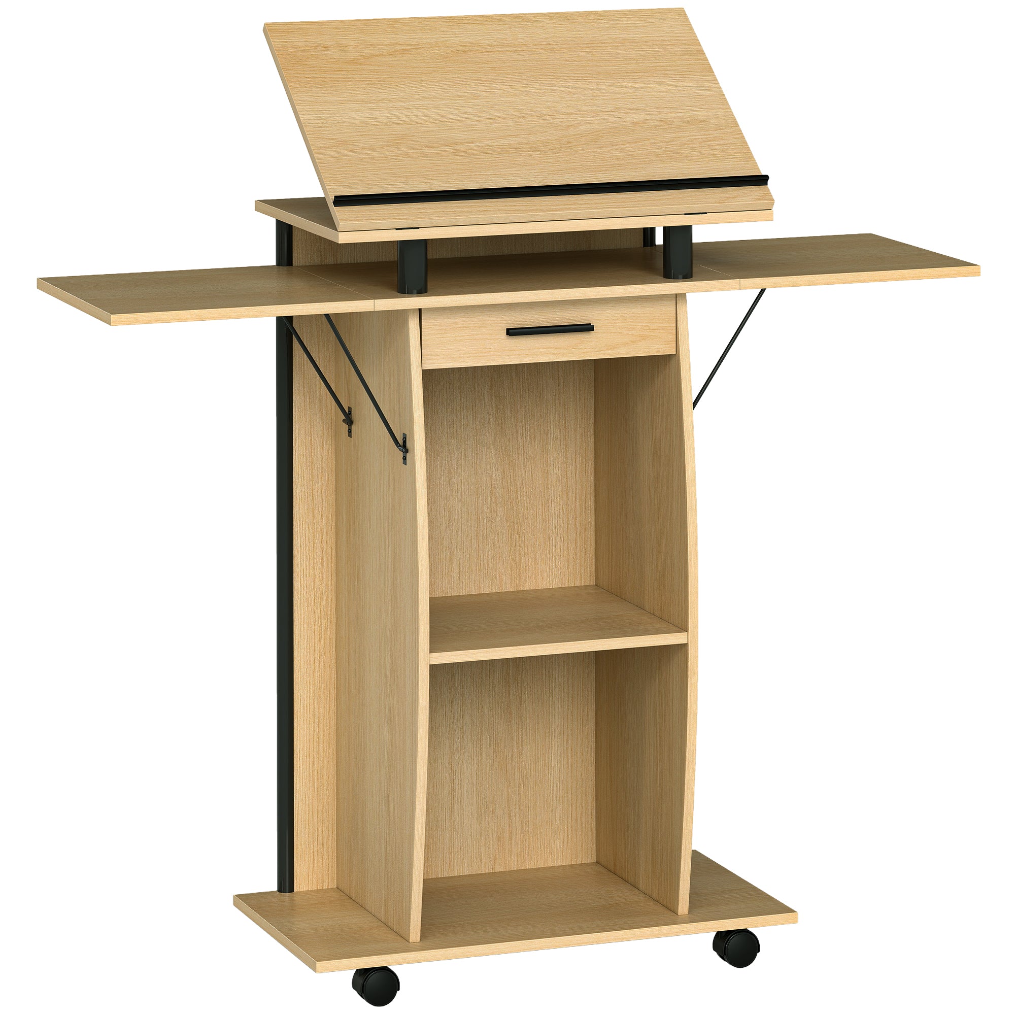 Rullende Podiumstativ  Talerpult Med Foldbare Sidevinger  Laptopbord Med Skuffe Og Hylder  Egetræslook