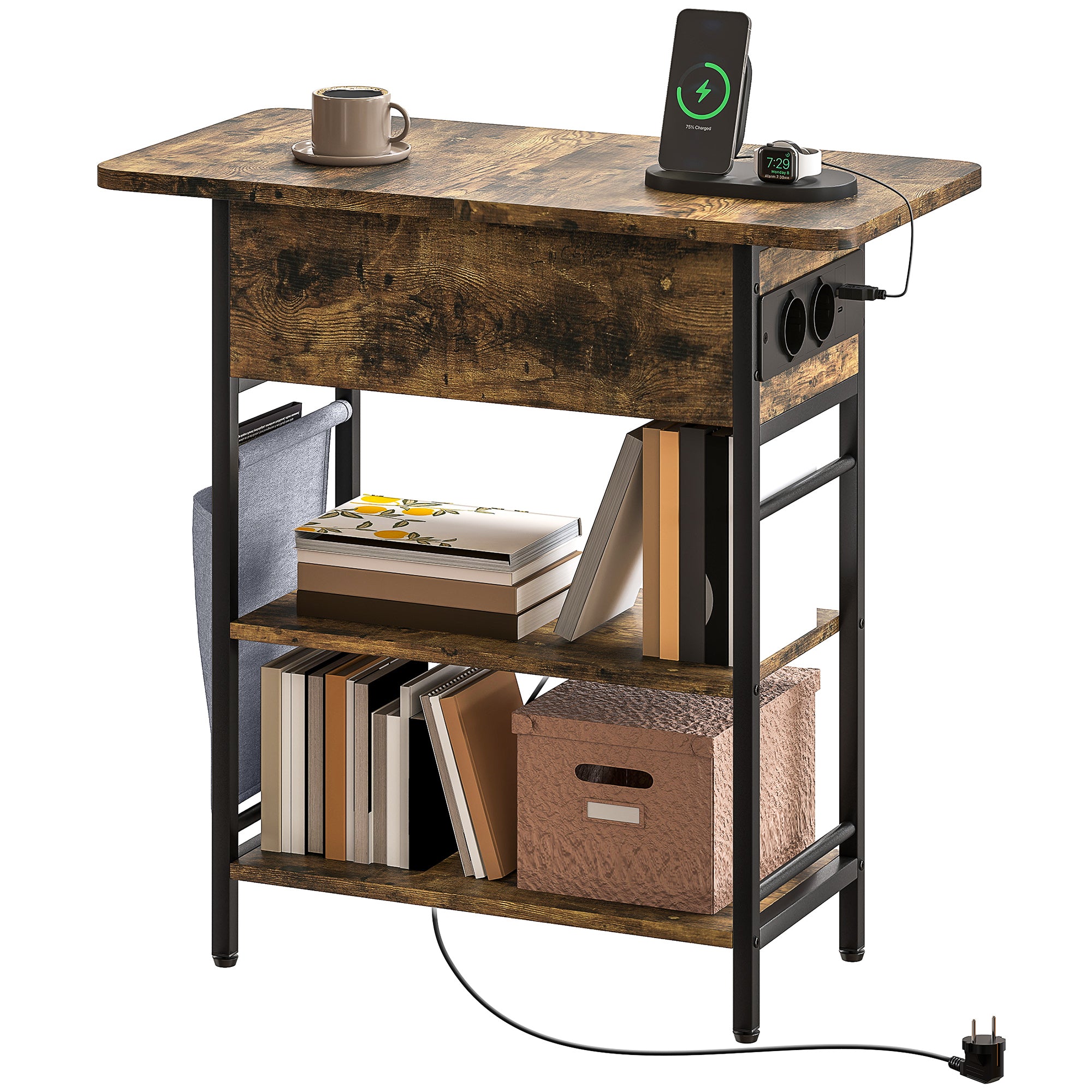 Sidebord   Natbord Med Strømskinne  Usb-porte  60   30   59 Cm  Rustik Brun