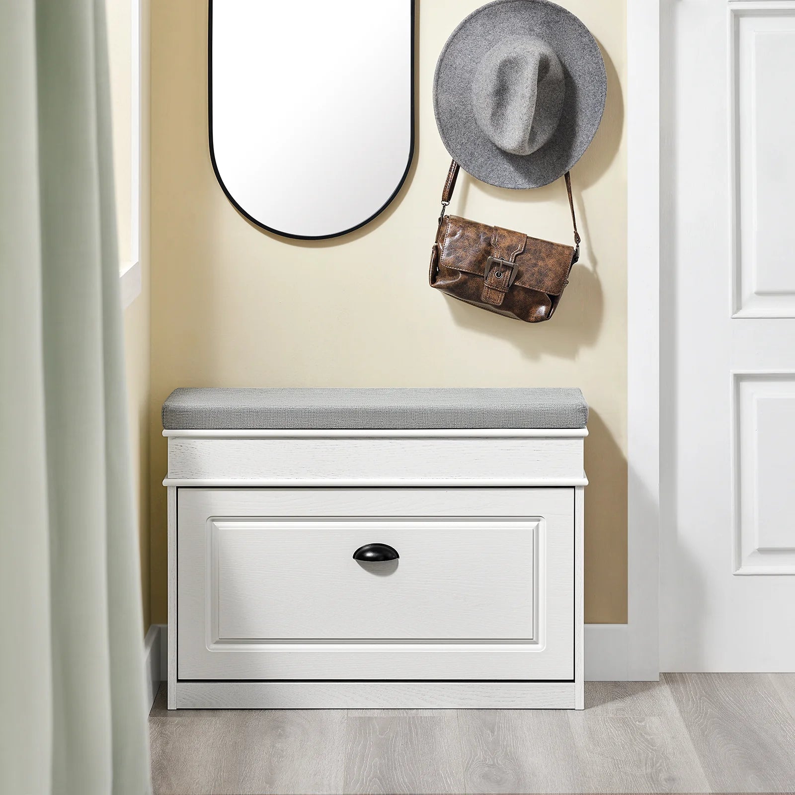 Skab Orden   Entréen Med En Smart Skobænk   Hvid Vintage-træ-effekt  75   51   24 Cm