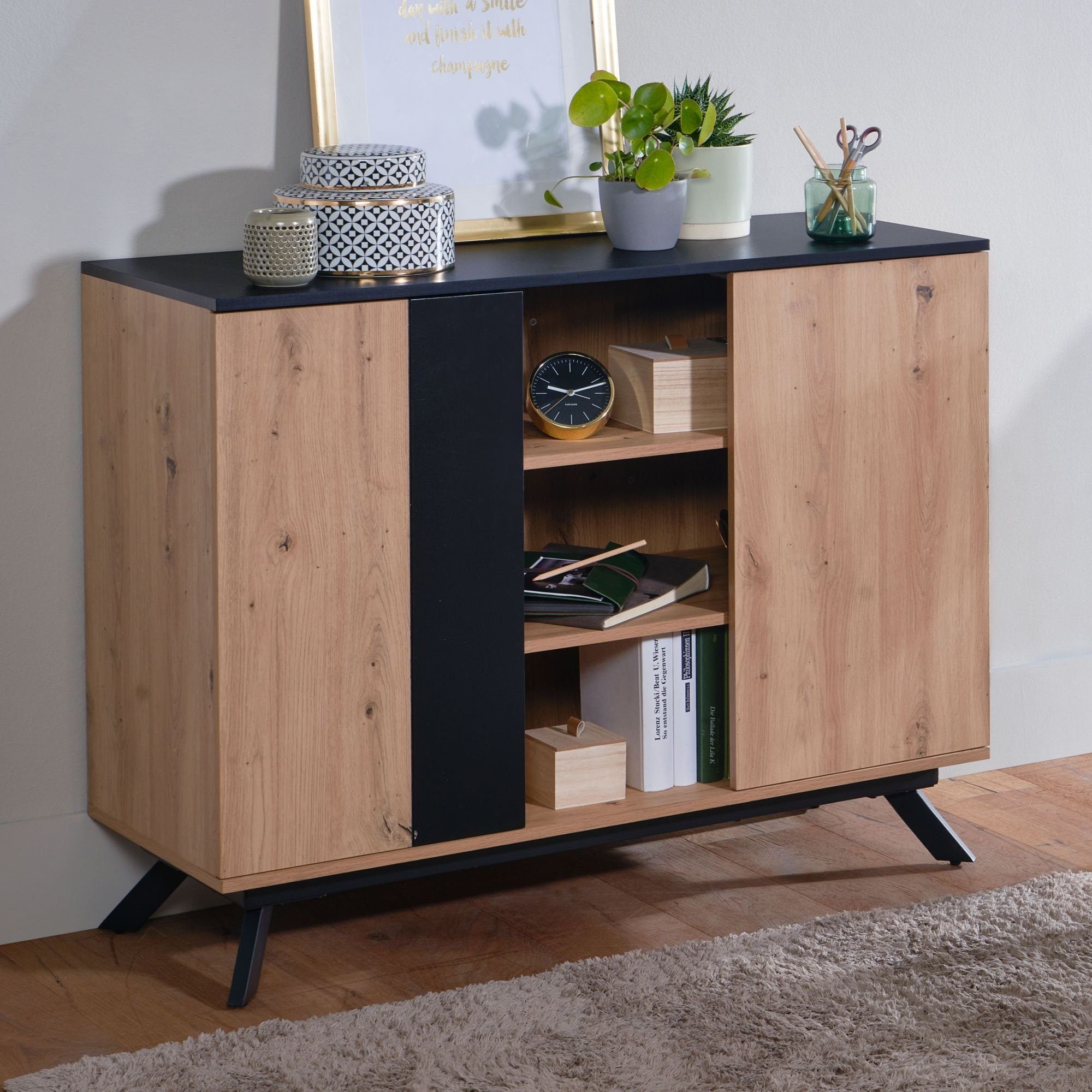 Skænk   Kommode   Entréskab   Egetræsdekor Sort   Japandi-look  110x87x40 Cm