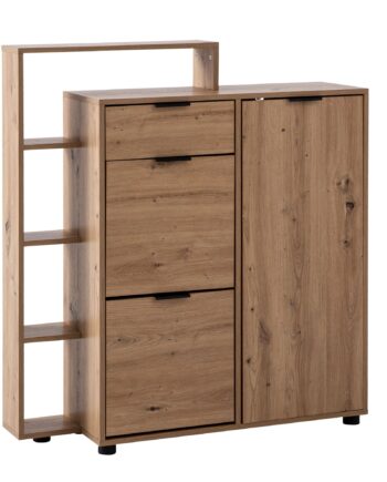 Skoskab Med Egetræslook  98x110x30 Cm  Lukket Skoskab Med Skuffe  Moderne Skokommode  Entreskab Med Hylde Og Opbevaring  Høj Skokommode