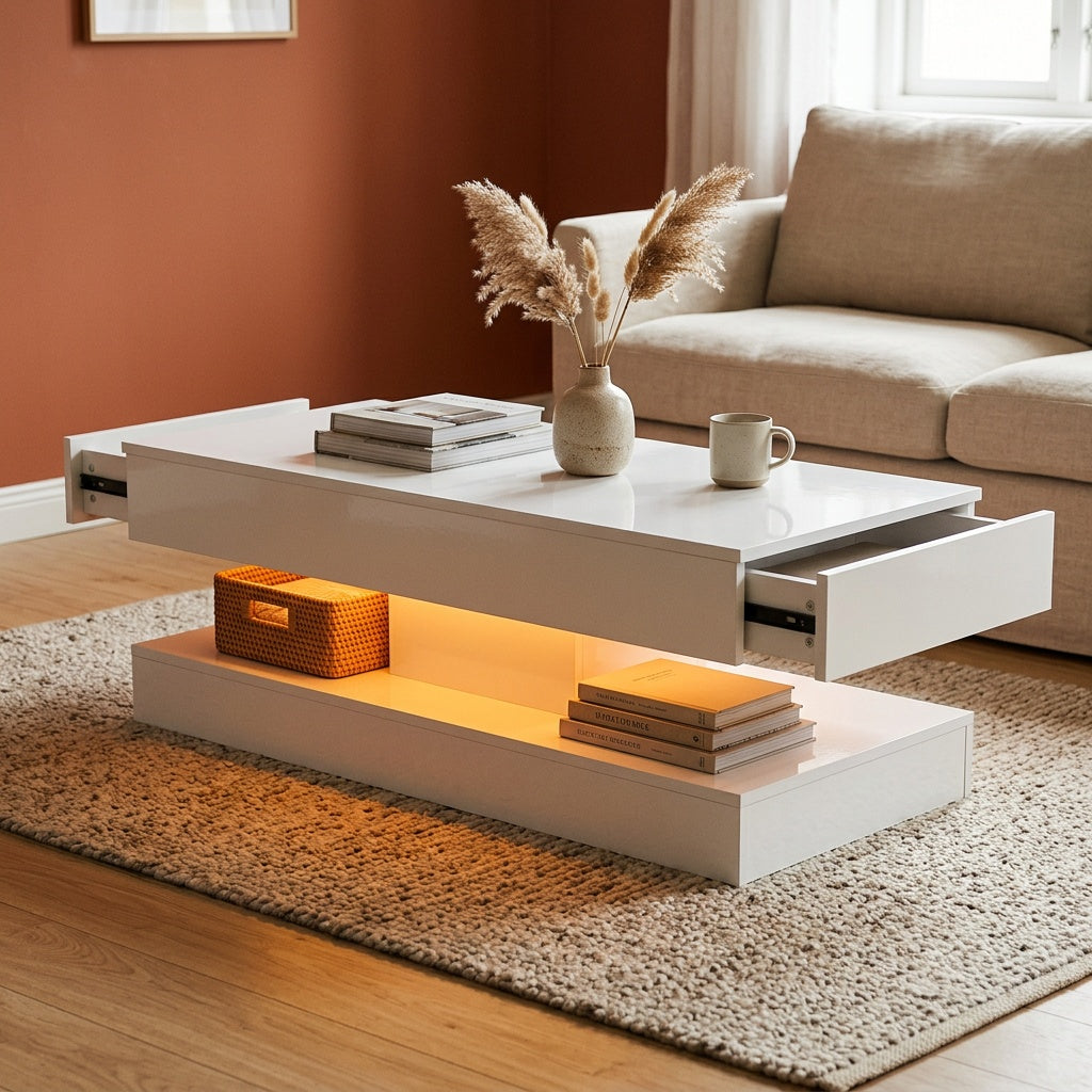 Sofabord Med Skuffer Og Led-lys  Hvid