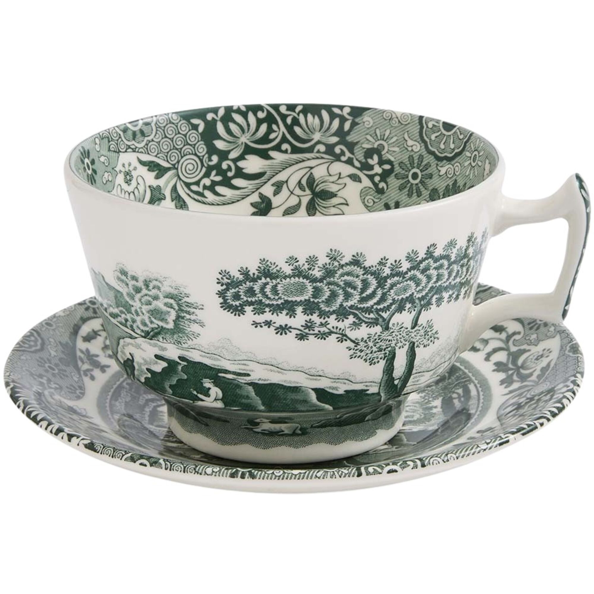 Spode Heritage Green Italian Morgenmadskop Med Underkop 28 Cl  Grøn Hvid