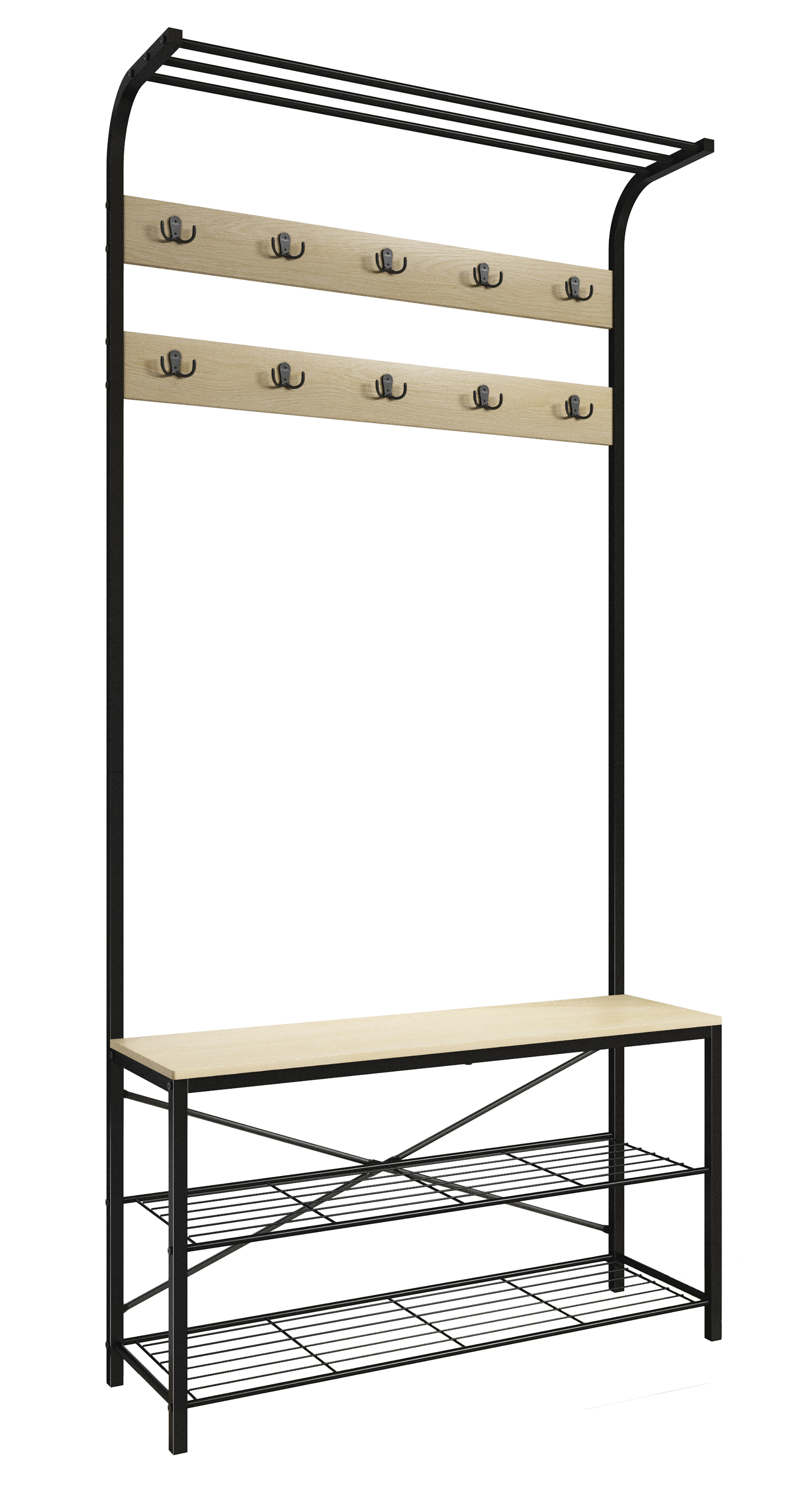 Vcm Nordic Taliro Garderobestativ     Hattehylde  10 Knager    Hylder  Siddeplads Natur Sort Metal