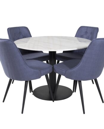 Venture Design Estelle Spisebordssæt       Stole Hvid Marmor Sort Metal Og Blå Stof Sort Metal