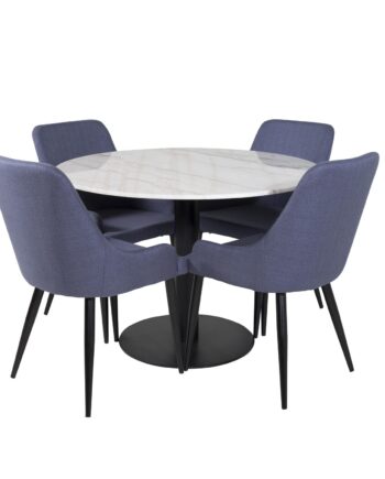 Venture Design Estelle Spisebordssæt       Stole Hvid Marmor Sort Metal Og Blå Stof Sort Metal