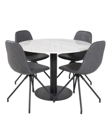 Venture Design Estelle Spisebordssæt       Stole Hvid Marmor Sort Metal Og Sort Pu Sort Metal