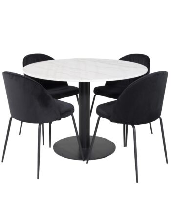 Venture Design Estelle Spisebordssæt       Stole Hvid Marmor Sort Metal Og Sort Stof Sort Metal