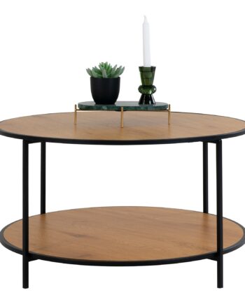 Vita Sofabord  Egetræslook Med Sorte Ben  ø80x45 Cm