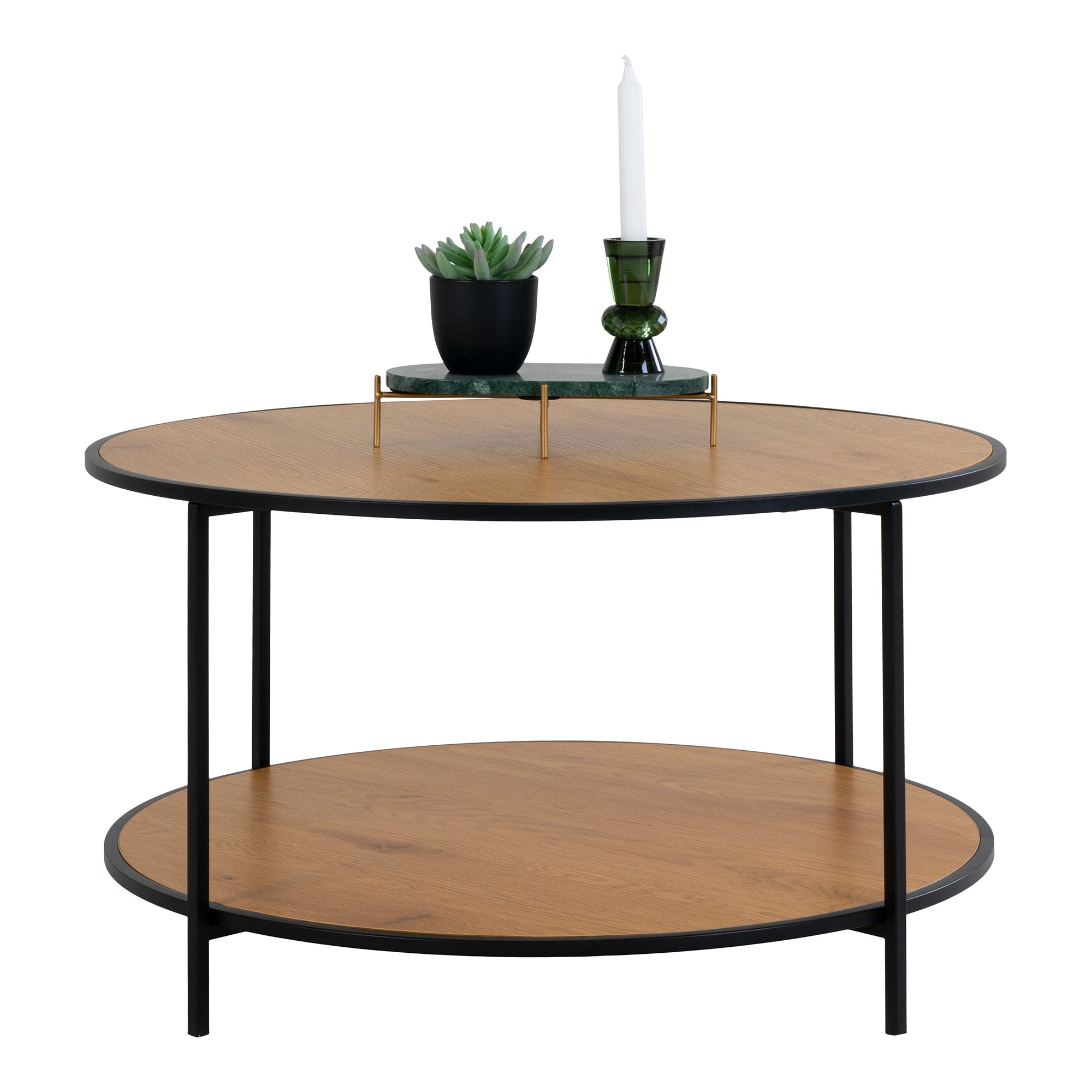 Vita Sofabord  Egetræslook Med Sorte Ben  ø80x45 Cm