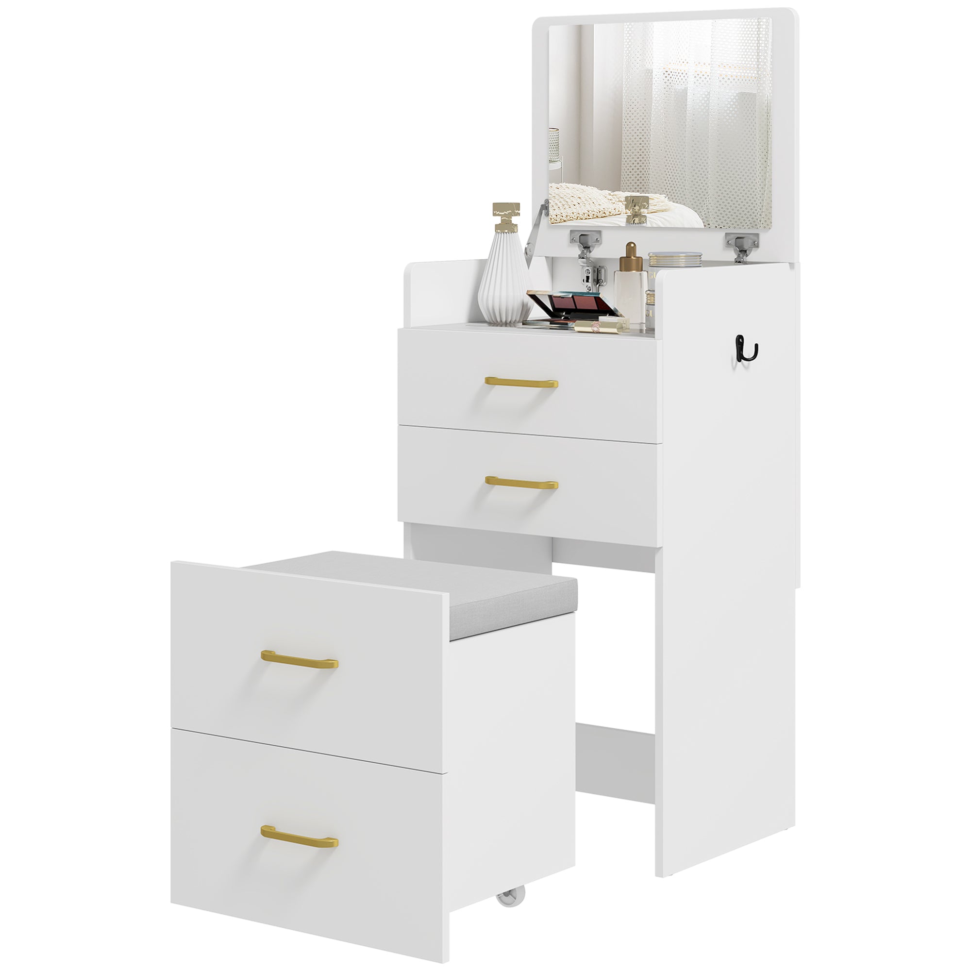 - -  Toiletbord Med Spejl  Sengebord  Rullestol  Skuffer  Hvid