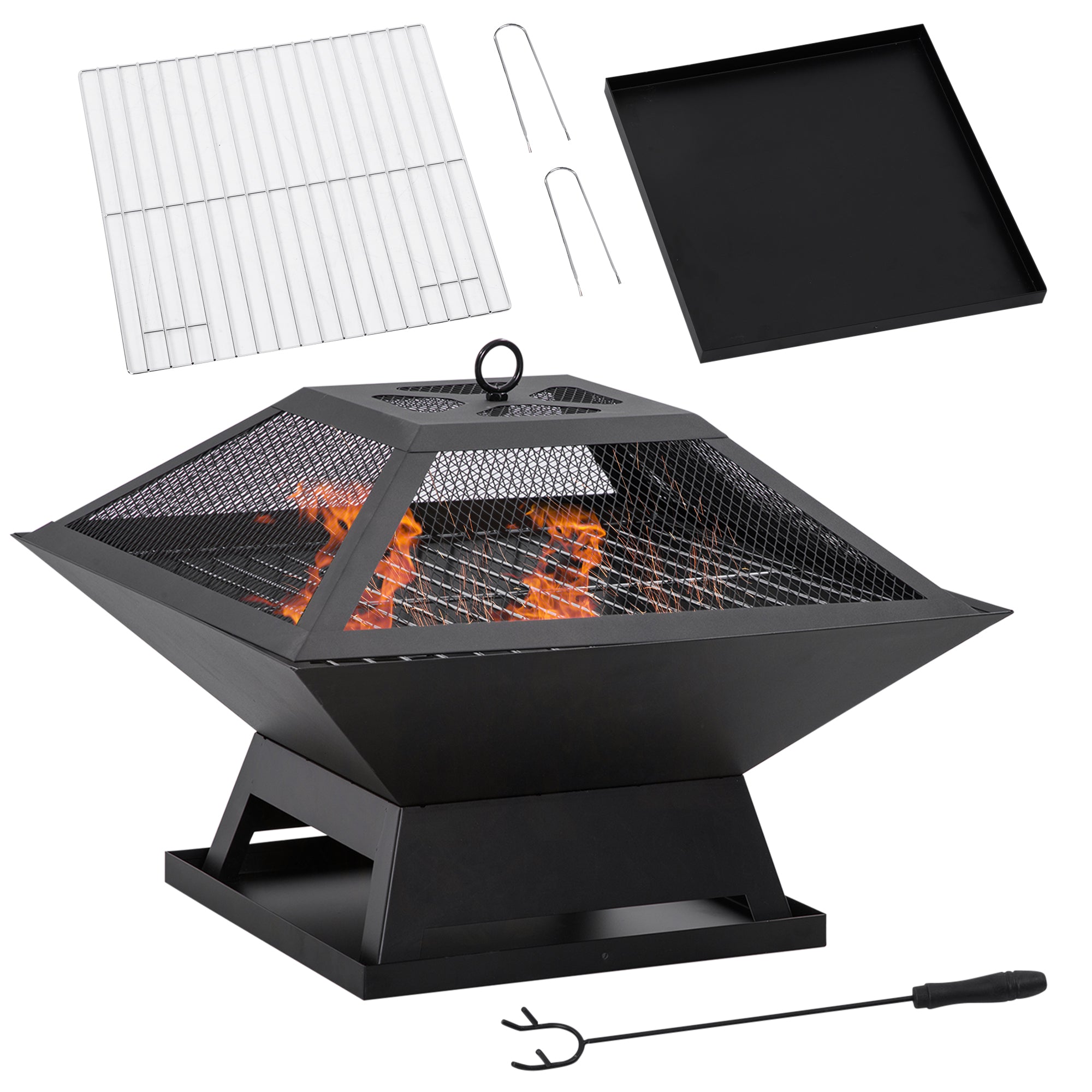 Bålfad 45   45   34 Cm Lavet Af Rustfrit Stål Bålfad Med Gnistbeskyttelse Poker Bålfade Bålkurv Til Have  Balkon  Grill Camping Sort