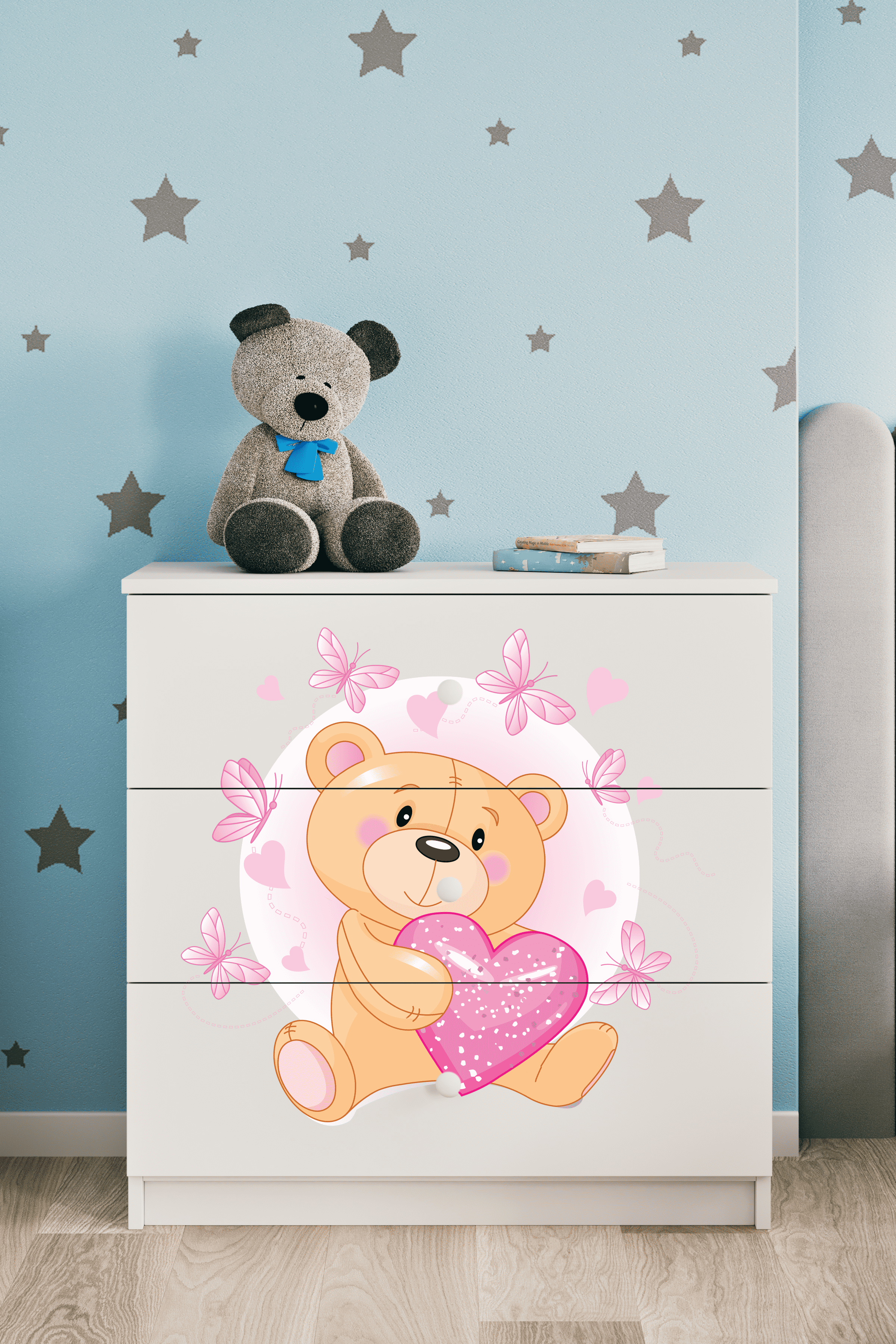 Babydreams Børnekommode Med Bamse Med Sommerfugle       Skuffer Hvid Laminat
