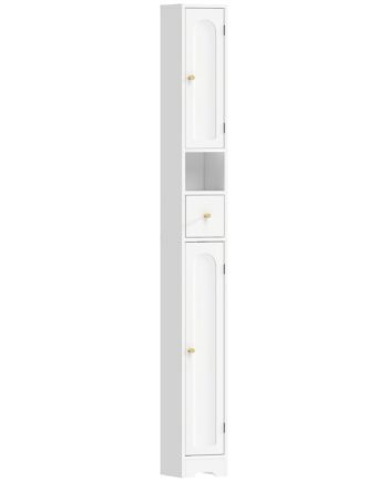 Badeværelsesskab  Smalt Badeværelsesskab Med Skuffe  Buede Døre  åbent Rum  Justerbar Hylde  20x20x185 Cm  Hvid