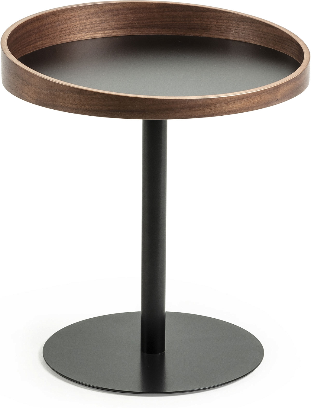 Bakkebord Kave Home Kaori   Moderne Rundt Sidebord   Sortmalet Valnødefiner Og Pulverlakeret Stål H51xø46 Cm
