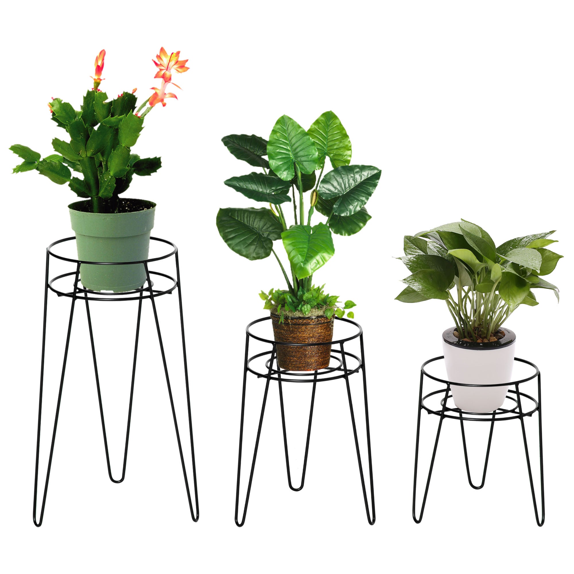 Blomsterstativ Sæt Med   Metal Plantestativ Sæt Blomsterskammel Blomsterpotteholder Planteskammel Til Blomsterpotter Op Til ø16 Cm Sort