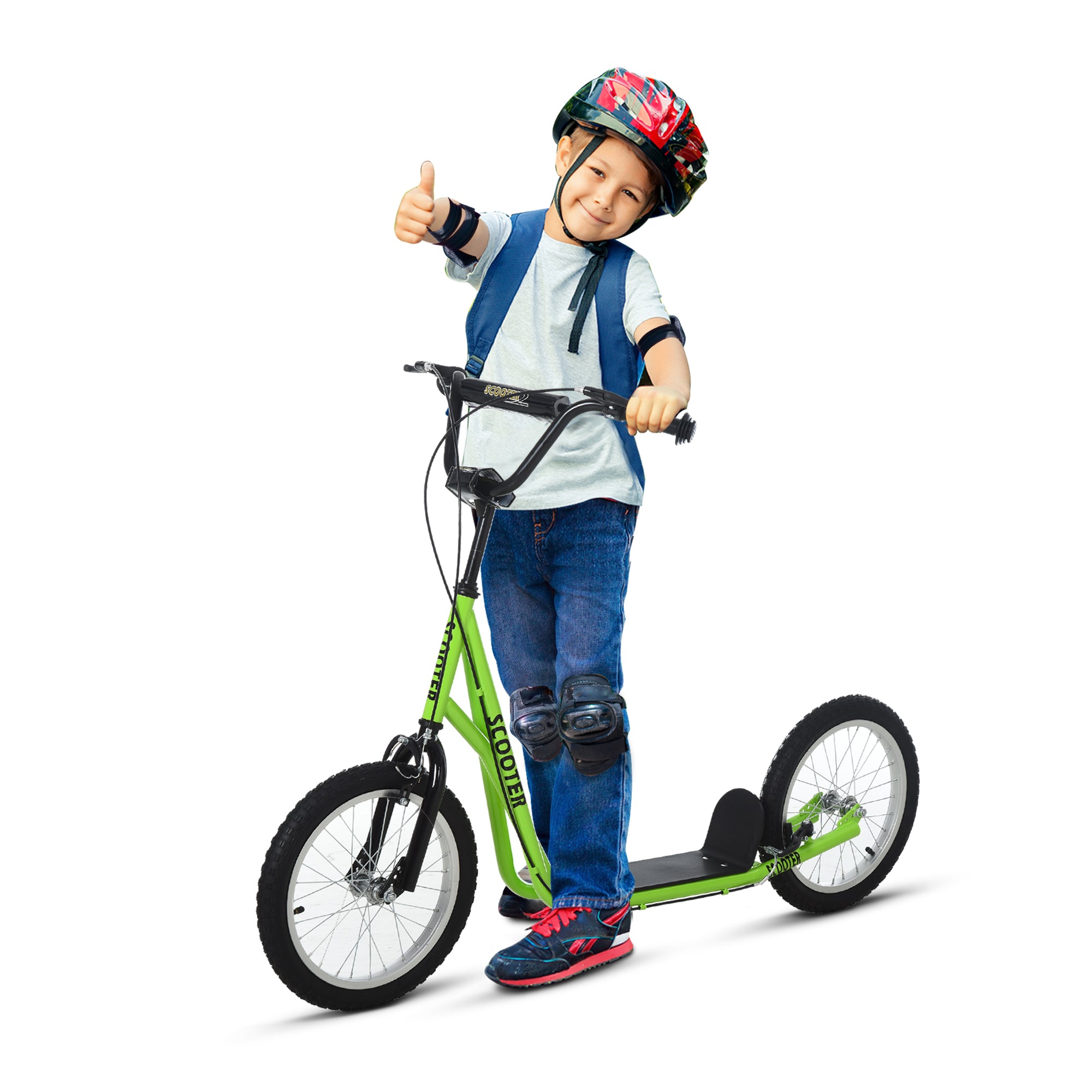 Børnescooter  Sparkscooter  City Scooter  Sparkscooter  Børnesparkbræt Med Luftgummidæk Og Håndbremse  Scooter Til Børn Fra   år  16 Tommer  Grøn  139   58   90-96 Cm