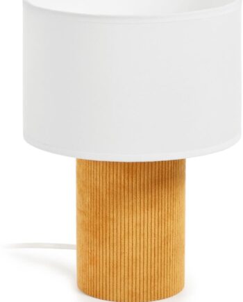 Bordlampe Kave Home Bianella   Sennepsgul Fløjlsfod  Hvid Stofskærm  Rustik Kolonial Vintage Børnelampe