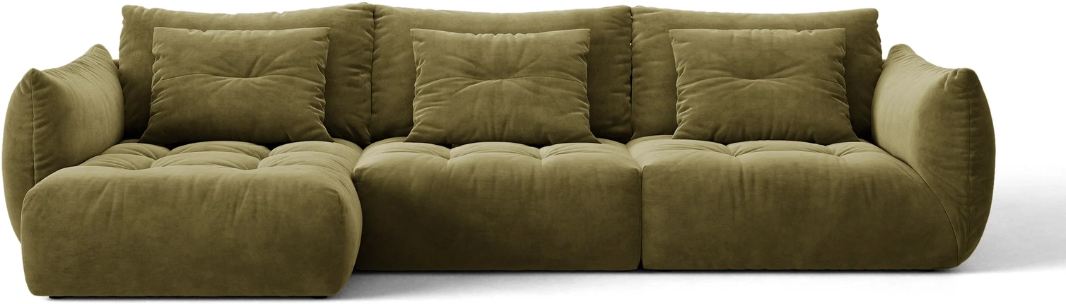 Chaiselongsofa Micadoni Bloom   327 Cm Venstrevendt  Lysegrøn Velour Casino Forest  Pletafvisende  Kviltede Puder  Plads Til