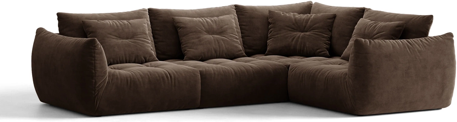 Chaiselongsofa Micadoni Bloom Højrevendt  Mørkebrun Velour Hjørnesofa Med Quiltet Sæde Og   Puder  B316 D222