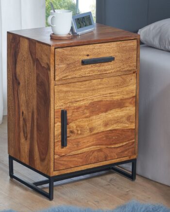 Designer Sengebord   Massivt Træ Og Metal  Naturfarvet  Japandi-look   45x35x65 Cm