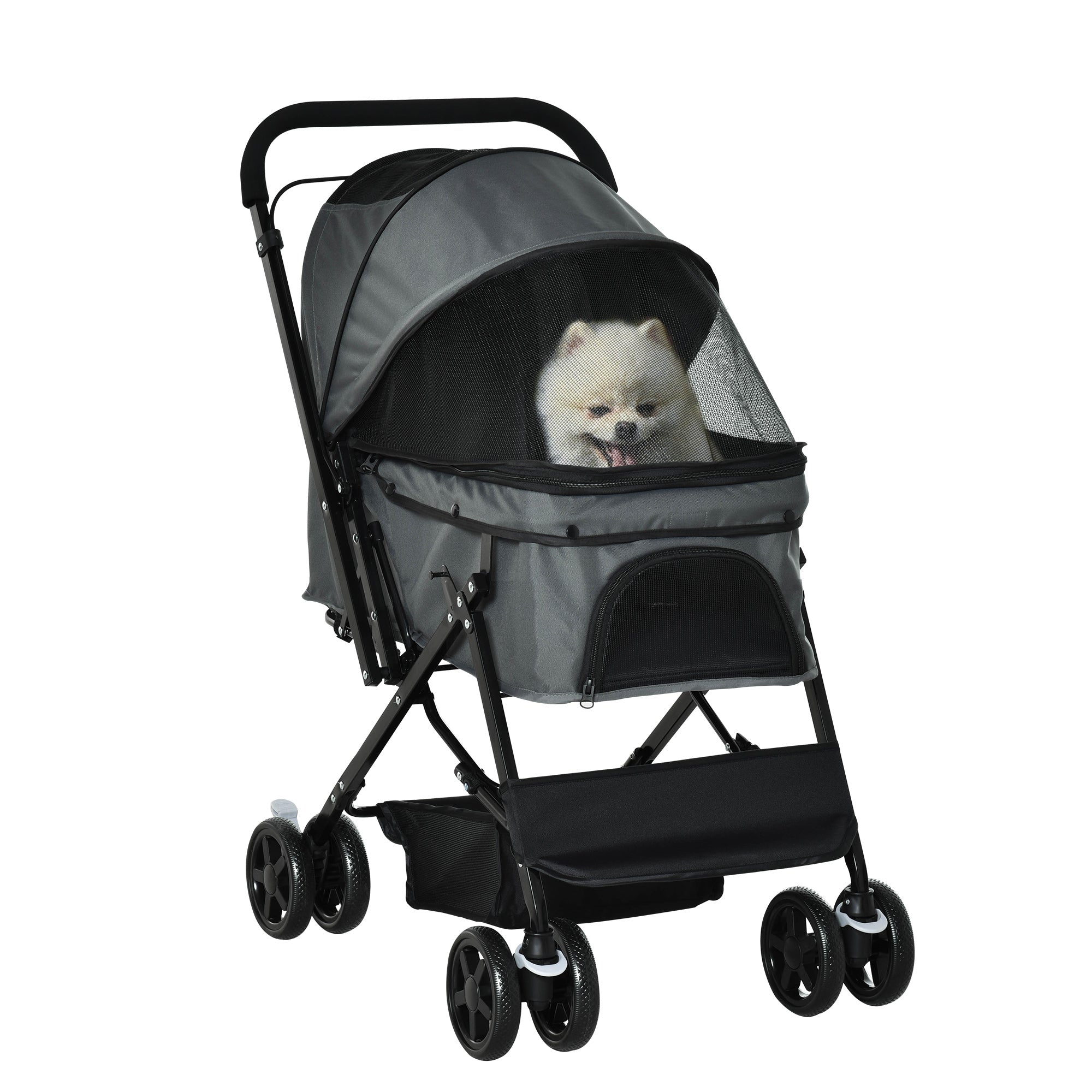 Dog Buggy Hundevogn Op Til 10 Kg Sammenklappelig Netkurv Med Vindue Justerbar Baldakin Mørkegrå 76     52   95 Cm